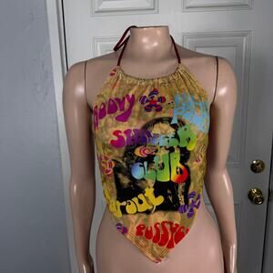 Vintage Y2K Dot Women's Shirt S 70s Hippy Groovy halter Top Polyester Crop W3-3